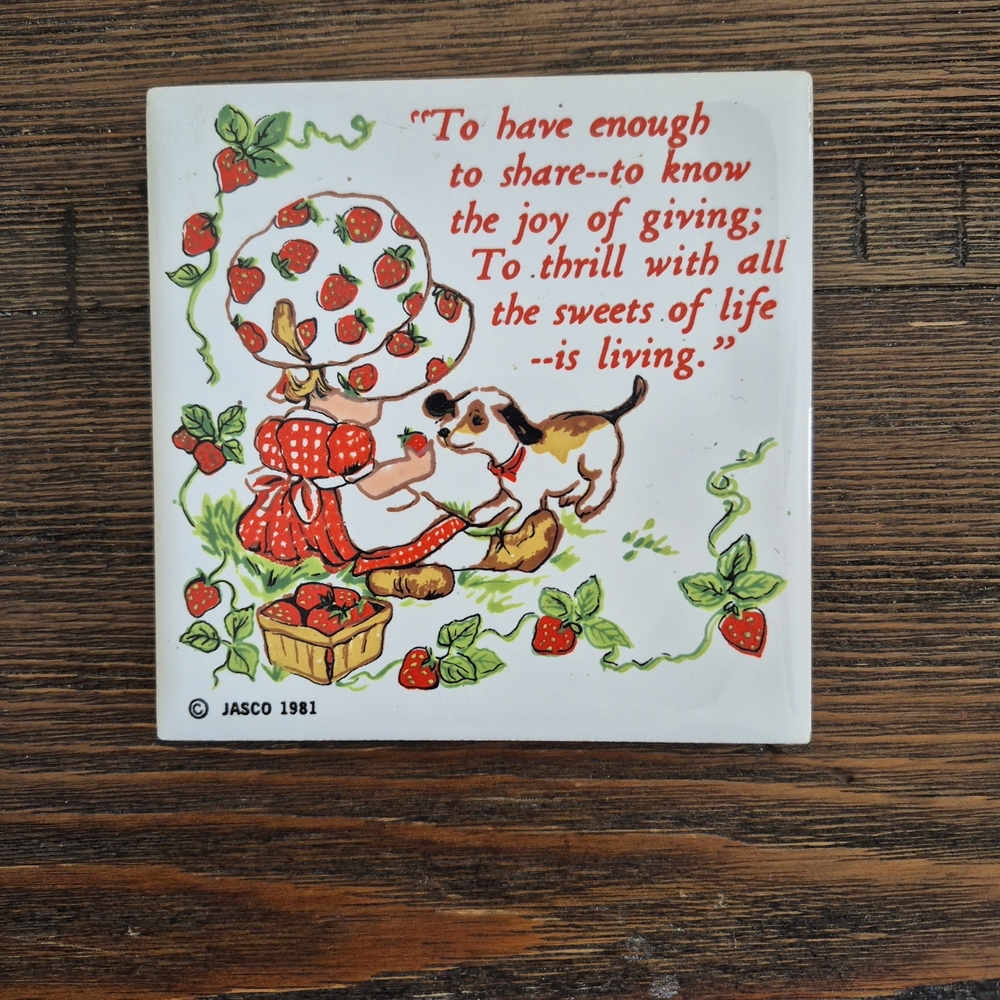 🪻3/$25 Vintage Strawberry Shortcake Coaster Trivet Tile Girl Dog Jasco 1981